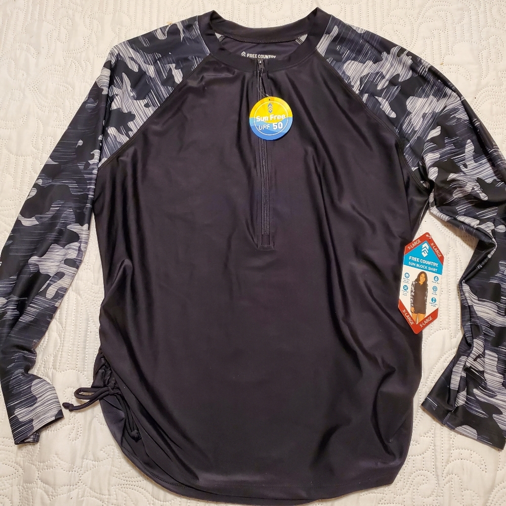 Free Country Black and Gray Women's Swim Top Rash Guard NWT XL